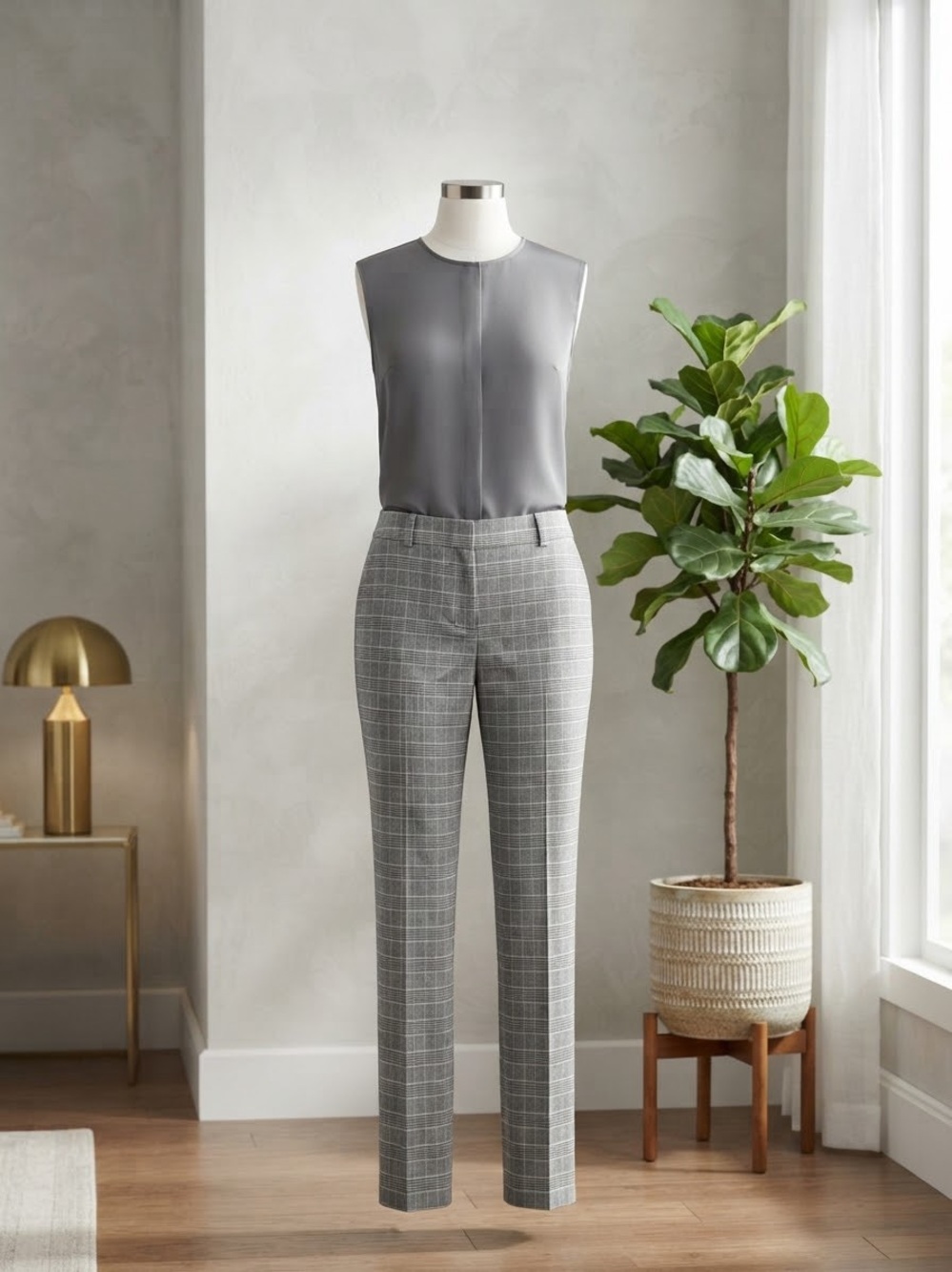 Lane Bryant Gray Windowpane Trousers with Slate Gray Sleeveless Shell